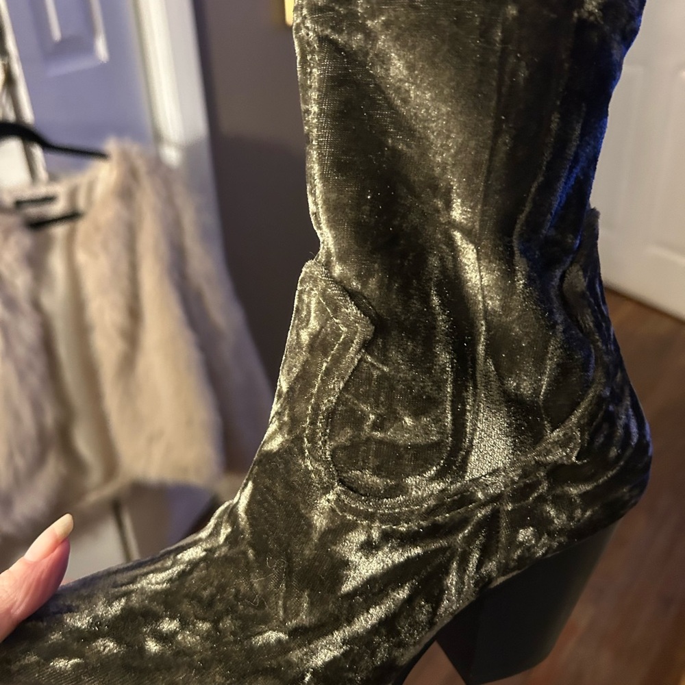 Green velvet flat short boot size 5